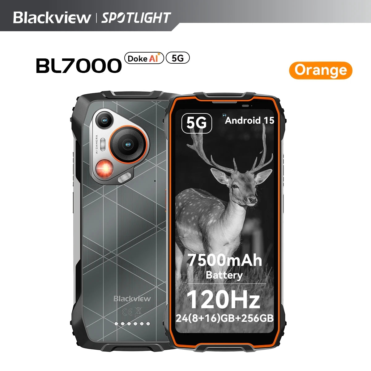 BLACKVIEW BL7000 5G AI Rugged Phone Deepseek GPT Android 15 Smartphone, 6.78" HD+2.4K Display 120Hz, 8GB RAM 256GB, 7500Amh