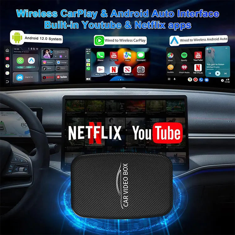 3 in 1 2025 Upgraded Wireless CarPlay & Android Auto Adapter Built in Netflix YouTube TF Card Car Play Video Ai Box for Cars