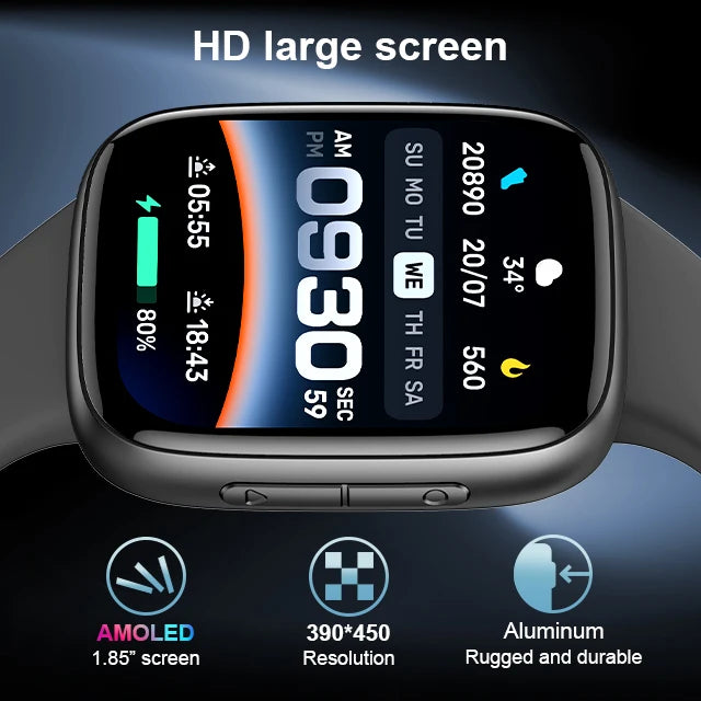 1.85inch AMOLED Smart Watch Touch Screen BT Calling 3ATM Waterproof Heart Rate Pedometer Calorie Counter Sleep Tracker Square