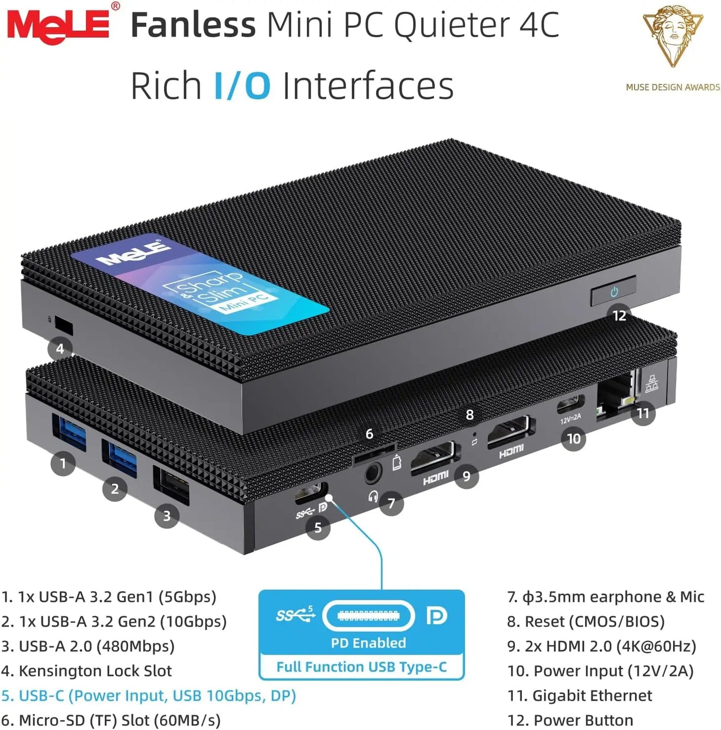 MeLE Quieter4C N150 Fanless Mini PC 32GB LPDDR5 512GB Micro Desktop Computer,4K,Dual HDMI,All-in-One USB-C WiFi 5 BT5.1 Ethernet