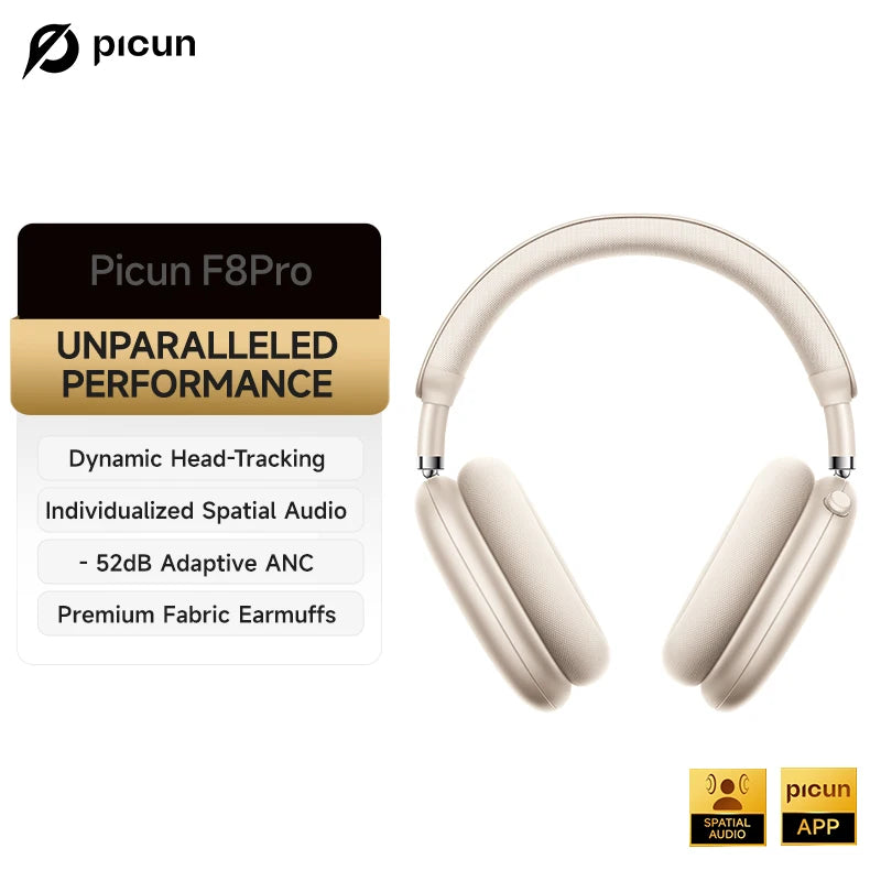 Picun F8 Pro ANC Wireless Headphones 3D Spatial Audio Head Tracking -52dB ANC HIFI Bluetooth Headset ENC HD Mic Low-Latency APP