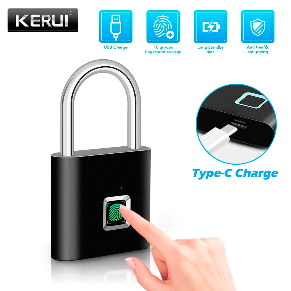 KERUI Smart Fingerprint Padlock Waterproof Fingerprint Keyless Door Lock Type C Rechargeable Security Padlock for House