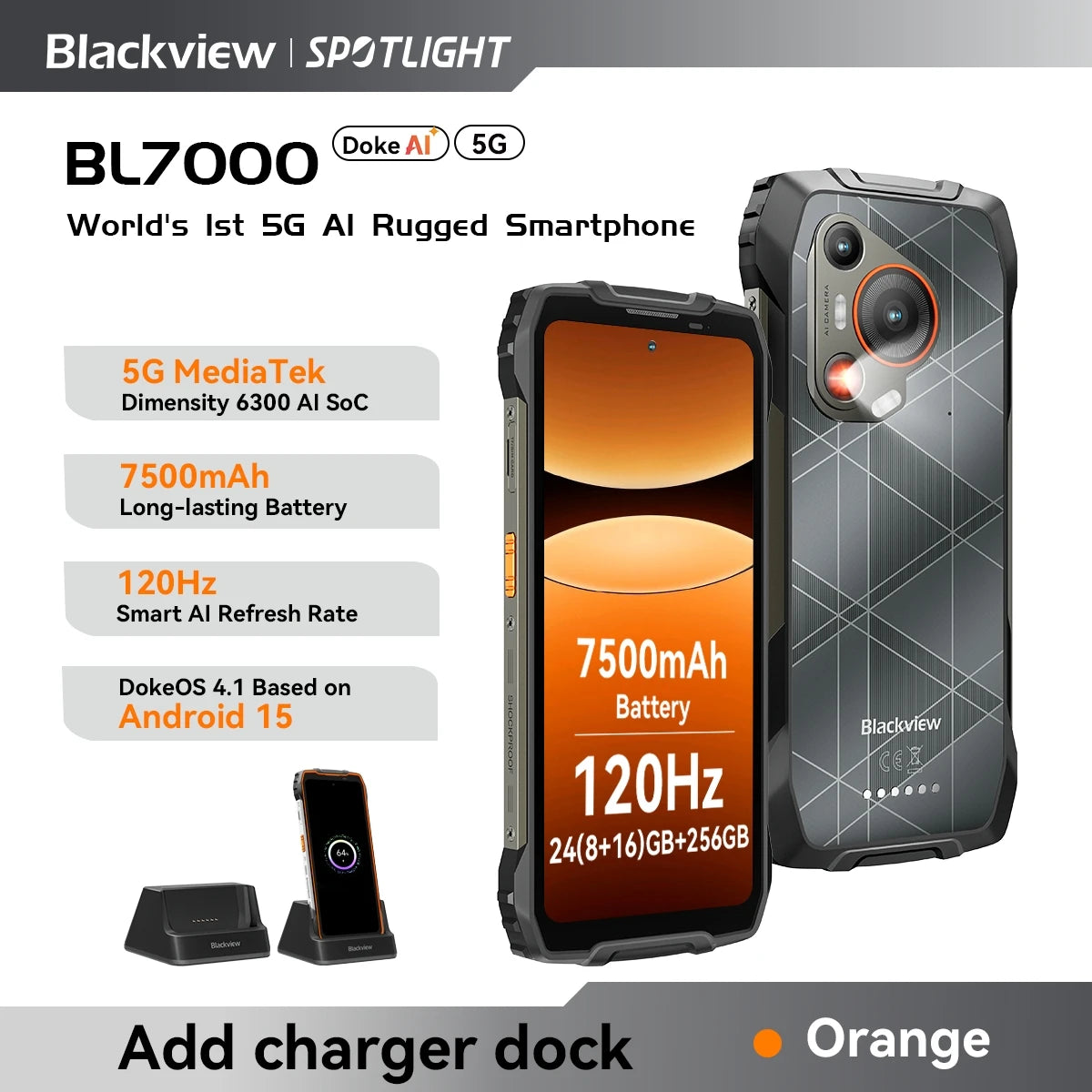 BLACKVIEW BL7000 5G AI Rugged Phone Deepseek GPT Android 15 Smartphone, 6.78" HD+2.4K Display 120Hz, 8GB RAM 256GB, 7500Amh