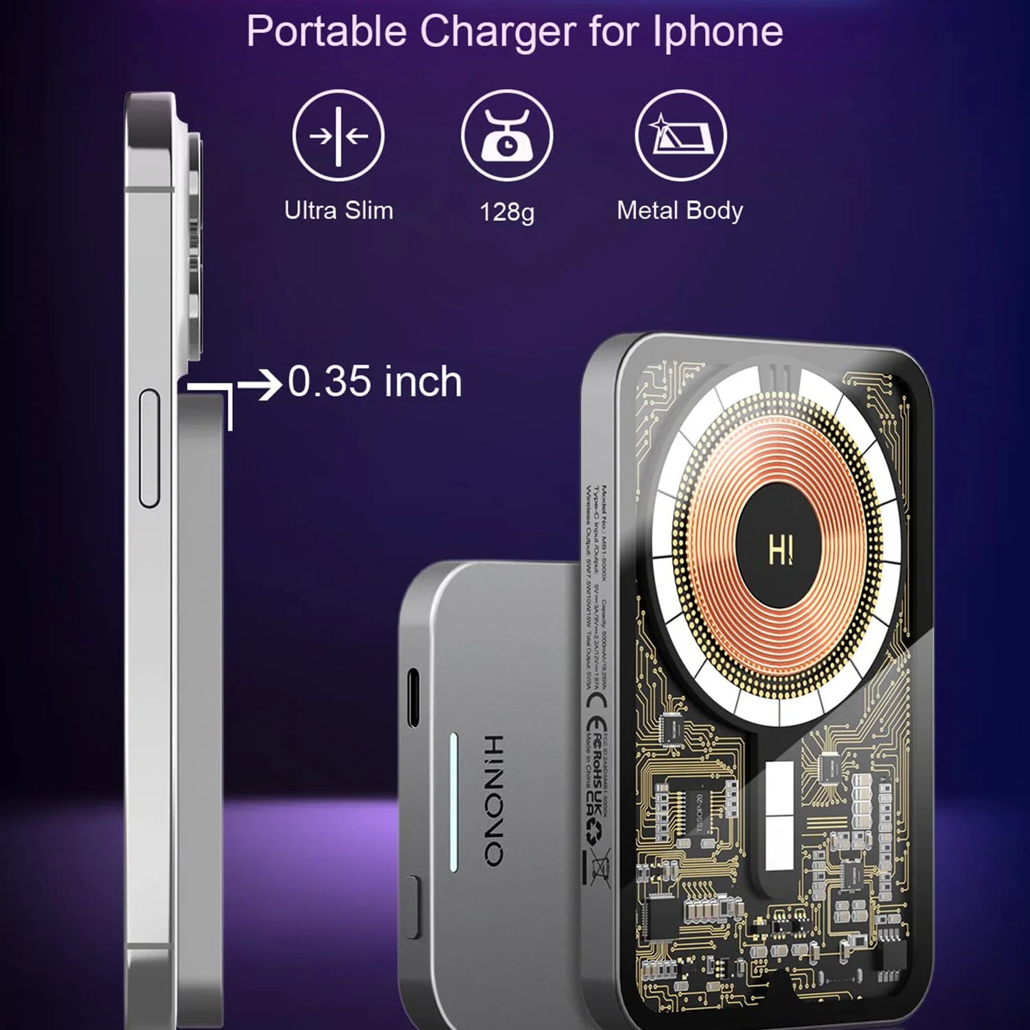HINOVO Cyberpunk 5000mAh Magnetic Wireless Power Bank Transparent Charger 20W PD Fast Charging MagSafe Battery USB-C for iPhone