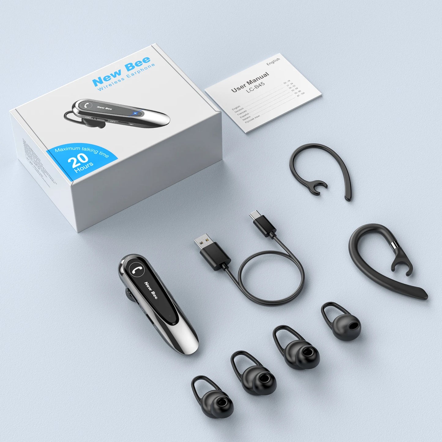 New Bee B45 Wireless Bluetooth Headset Earphones V5.0 Headphones with Dual Mics CVC8.0 Hands-Free Earpiece for Driving Business