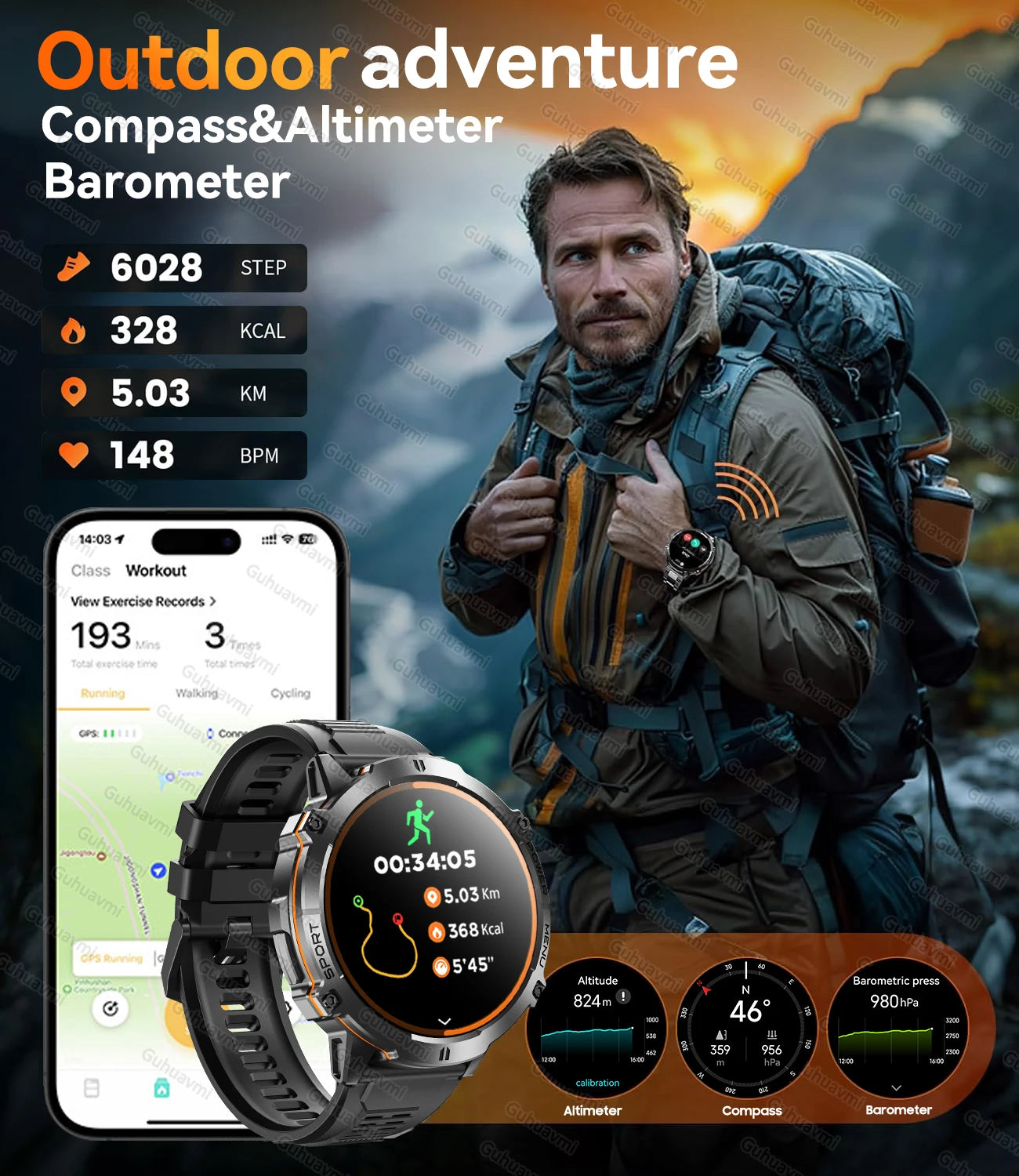 New T-REX3 Fitness Smart Watch 1000mAh Large Battery Durable Compass Altimeter 10ATM Waterproof BT Call 100+Sports Men Bracelet