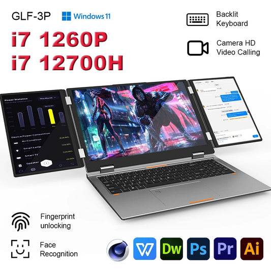 NEW Triple Screen Gaming Laptop 16+10.5+10.5 inch Intel Core i7 1260P 64GB RAM 2TB Business Computer RJ45 fingerprint+face
