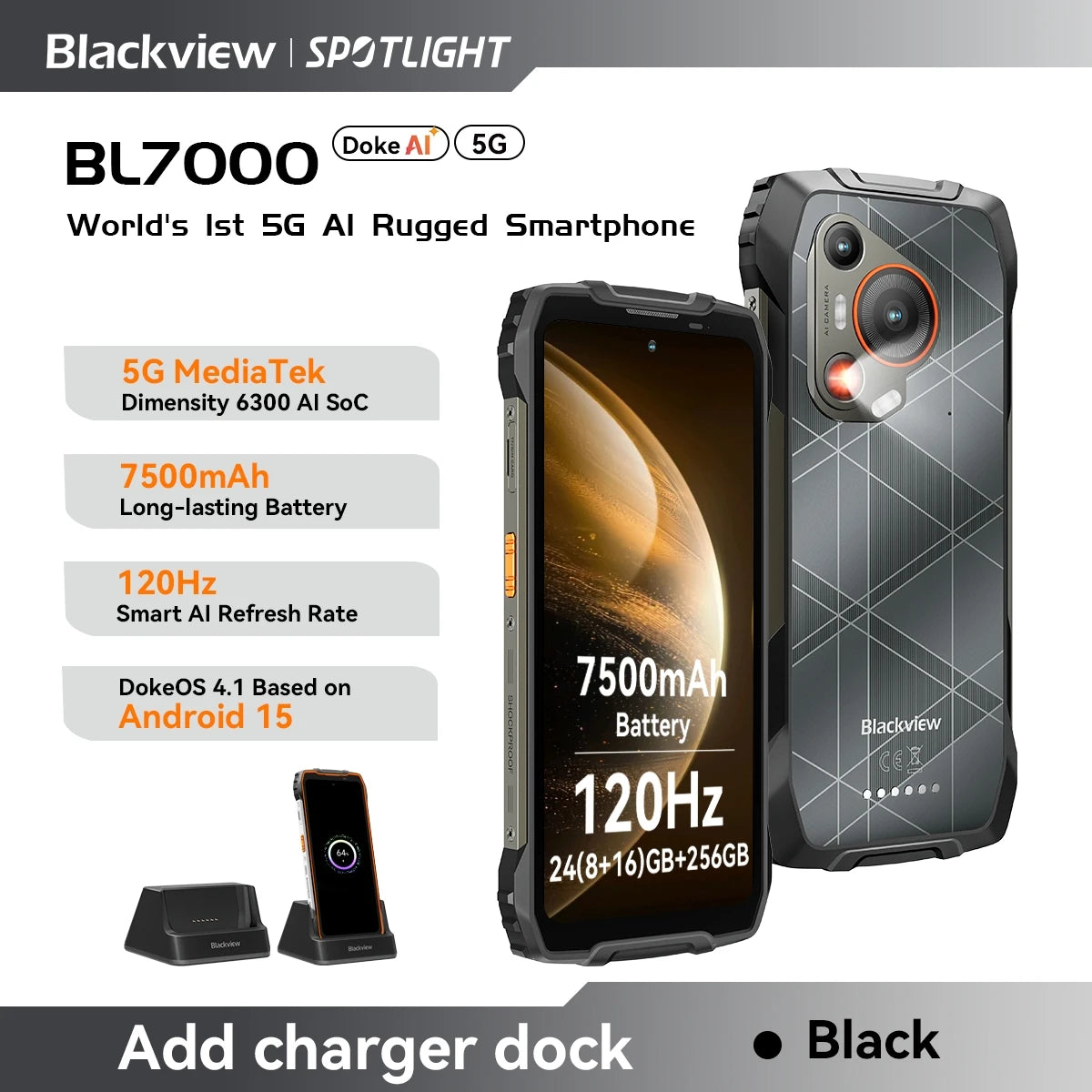 BLACKVIEW BL7000 5G AI Rugged Phone Deepseek GPT Android 15 Smartphone, 6.78" HD+2.4K Display 120Hz, 8GB RAM 256GB, 7500Amh