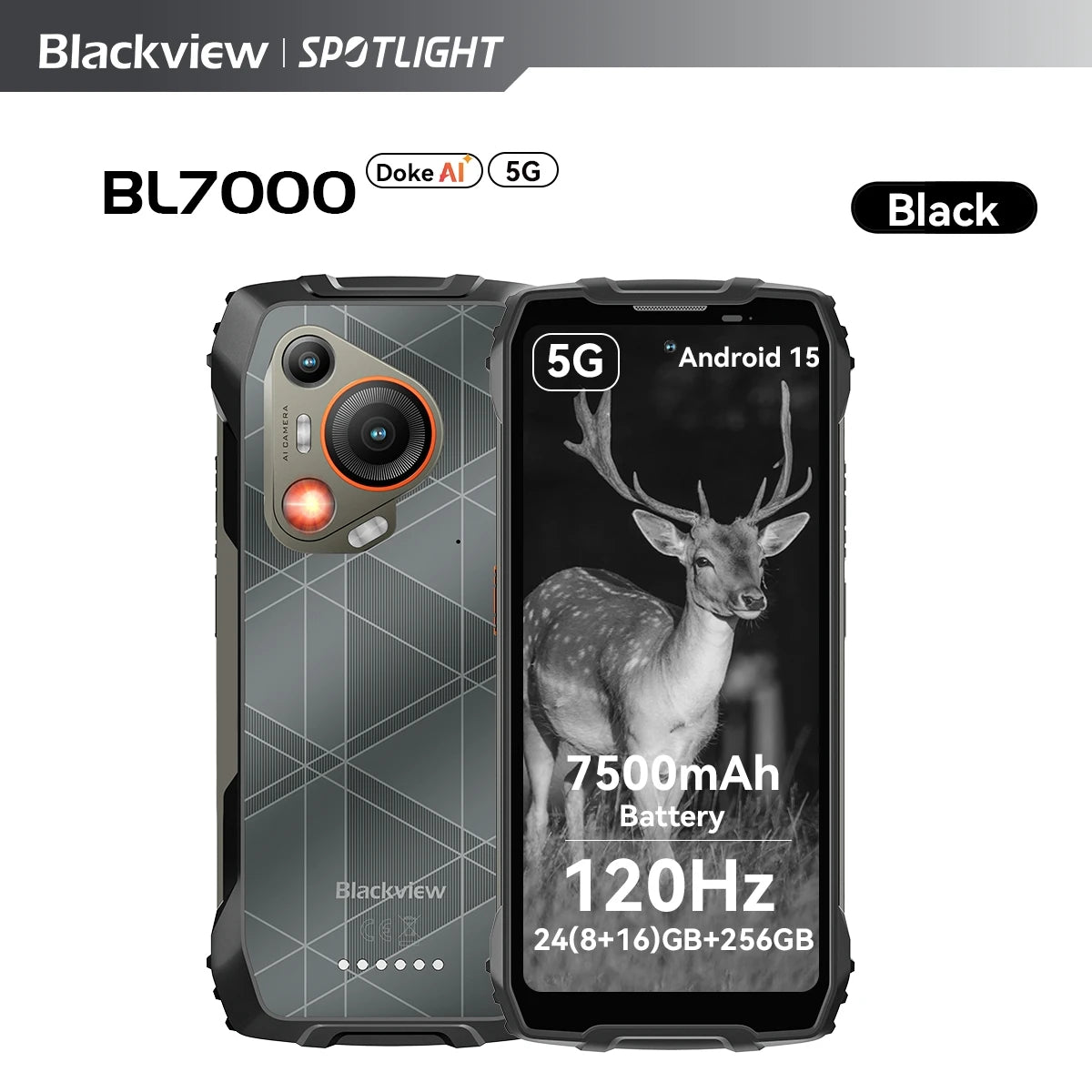 BLACKVIEW BL7000 5G AI Rugged Phone Deepseek GPT Android 15 Smartphone, 6.78" HD+2.4K Display 120Hz, 8GB RAM 256GB, 7500Amh