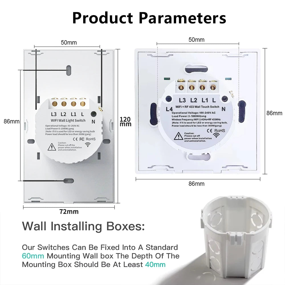 TNCE Tuya Switch WIFI RF US/EU, 1/2/3/4 Gang No/With Neutral Wire Wall LED Light Controller, Smart life, Voice Alexa Google Home