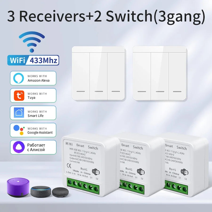 Wifi RF 433MHz Smart Switch Tuya Smart Life Alexa Google Alice Voice Control Remote Wireless Wall Panel Module for Led Lighting