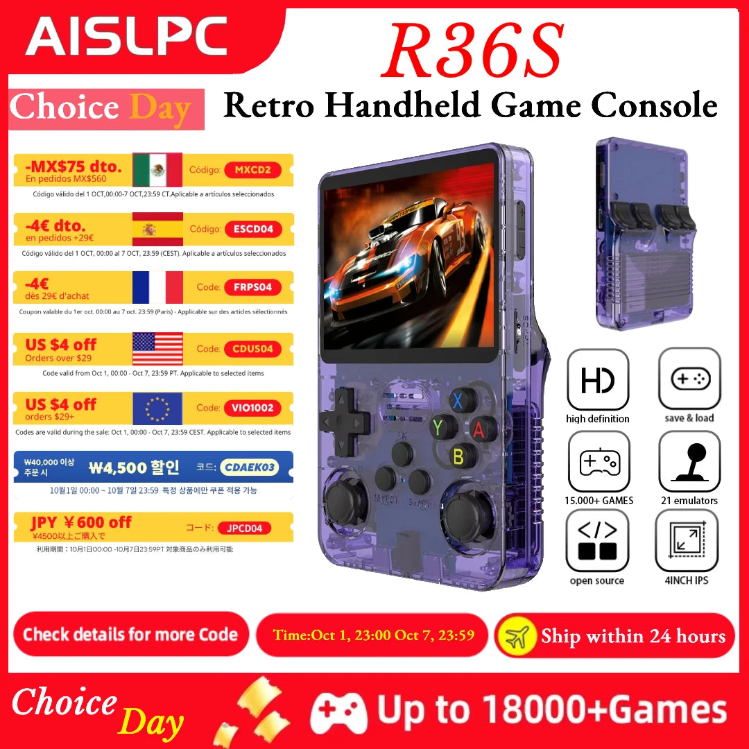 AISLPC R36S Retro Handheld Game Console - 3.5" IPS HD Display Linux Emulation Multiple Colors 64GB / 18000+ Classic Games