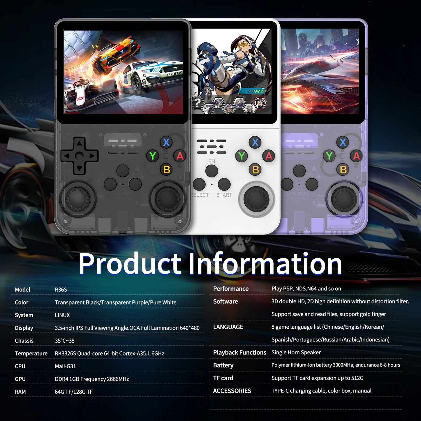 AISLPC R36S Retro Handheld Game Console - 3.5" IPS HD Display Linux Emulation Multiple Colors 64GB / 18000+ Classic Games