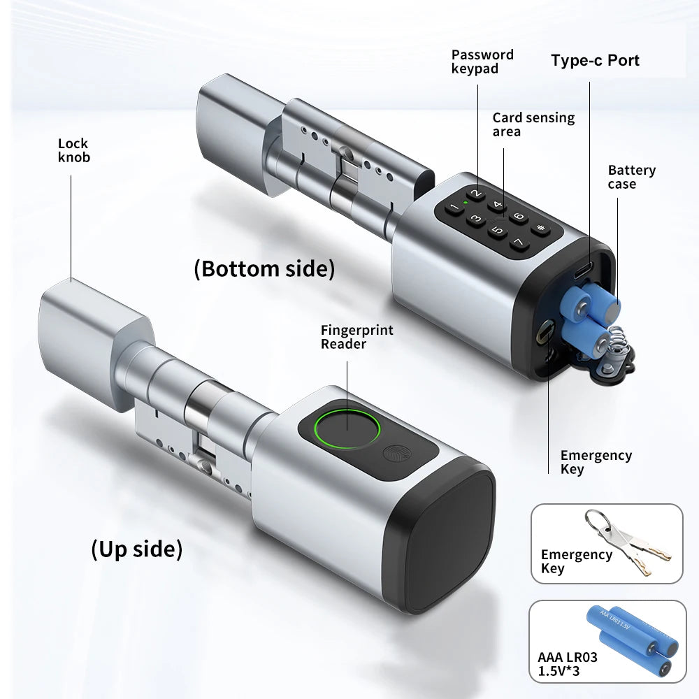 RAYKUBE V1 Smart Cylinder Lock With Tuya BLE Fingerprint IC Card Password Unlock Include 3*AAA Batteries Easy Installation